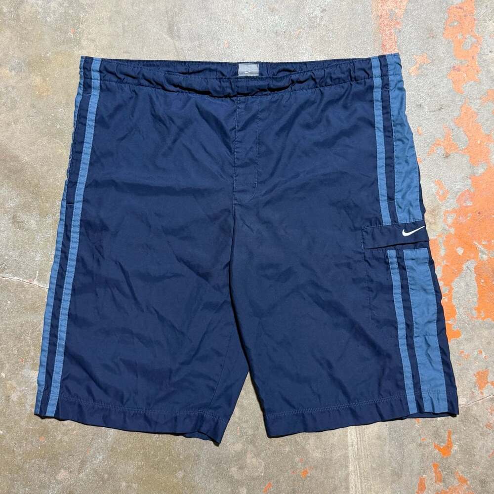 Vintage Y2K Nike Swim Running Trunks Board Shorts Mens Sz M Blue Striped Logo